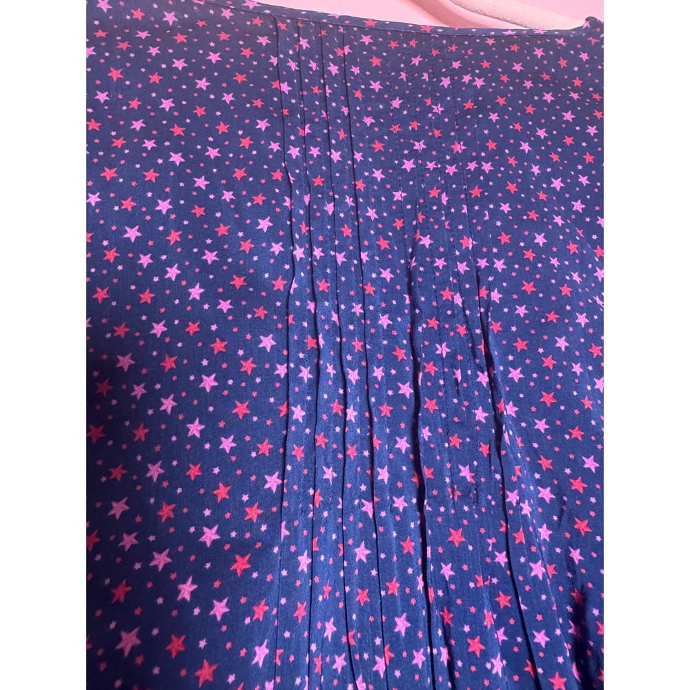 Navy Blue Pink Star Print V-Neck Long Sleeve Mini Dress Elastic Waist Womens S - Picture 3 of 5